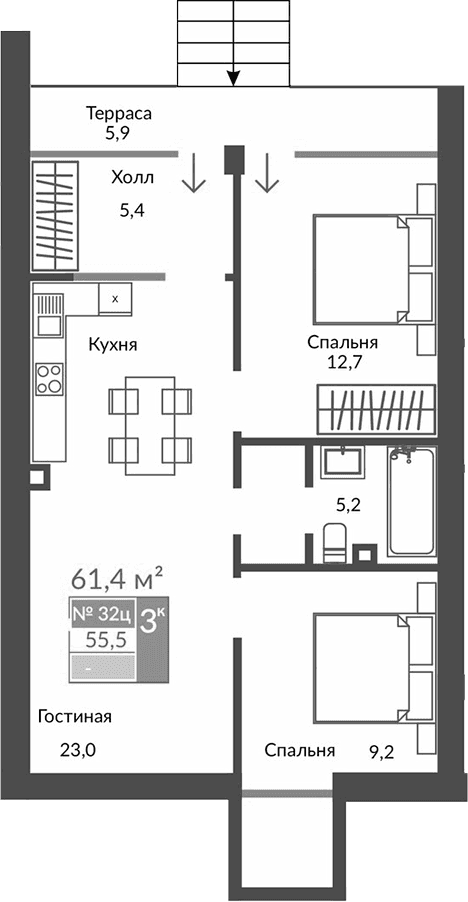 3-комн., 55.5 м²