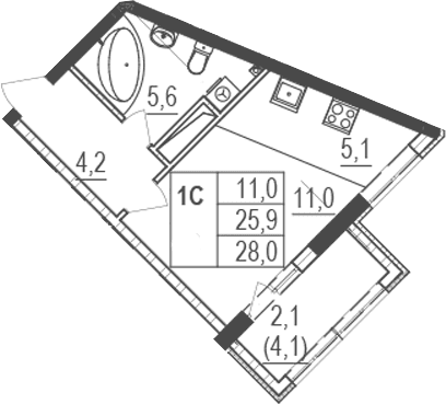 Студия, 25.9 м²