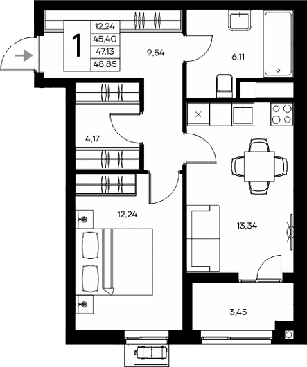 1-комн., 45.4 м²