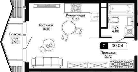 Студия, 29.17 м²