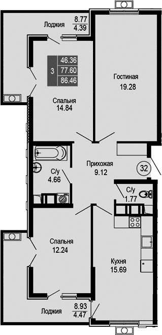 4-комн., 77.6 м²