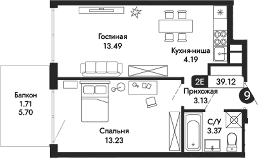 2-комн., 37.41 м²