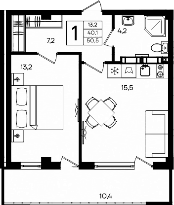 1-комн., 40.1 м²
