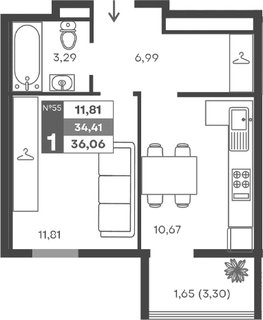 1-комн., 32.76 м²
