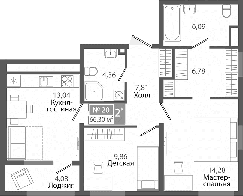 2-комн., 62.22 м²