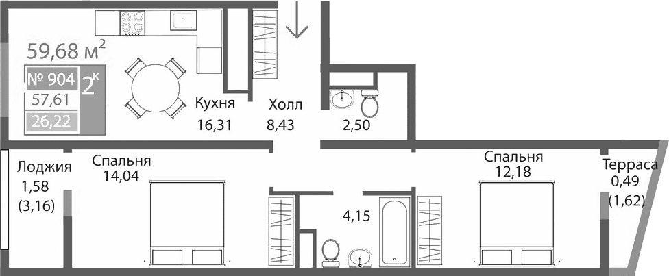 2-комн., 57.61 м²