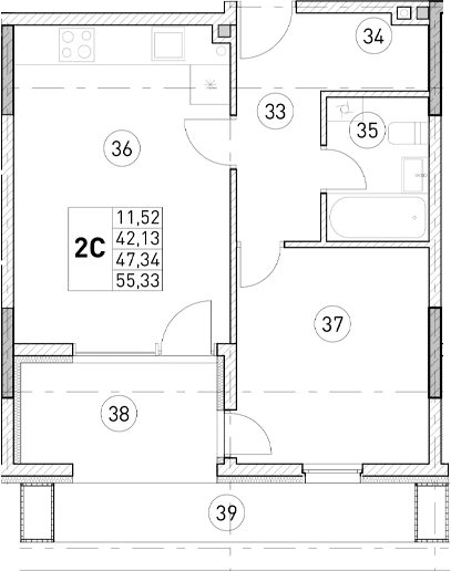 2-комн., 42.13 м²