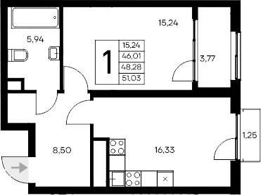 1-комн., 46.01 м²