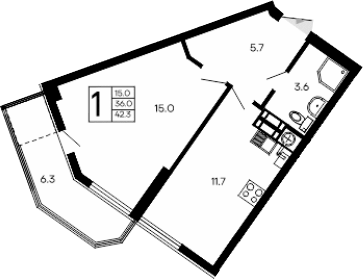 1-комн., 36 м²