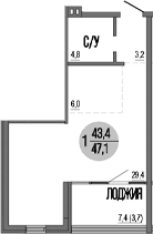 Студия, 43.4 м²