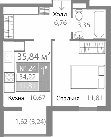 1-комн., 32.6 м²