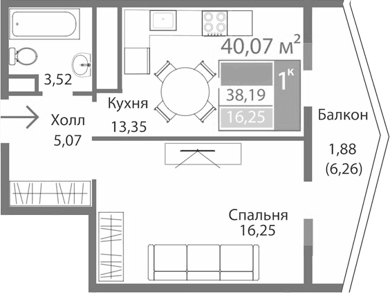 1-комн., 38.19 м²