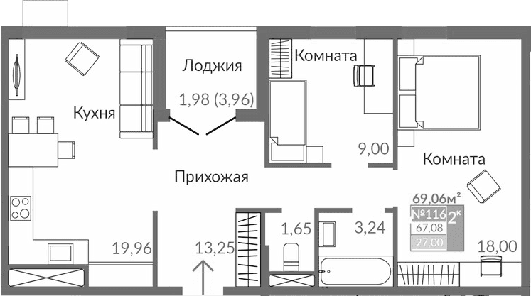 2-комн., 65.1 м²