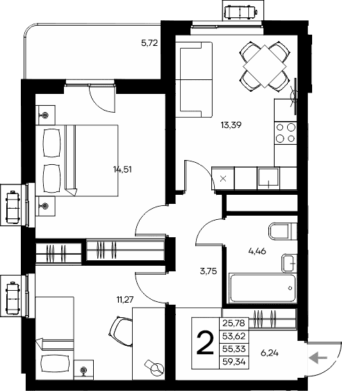 2-комн., 53.62 м²