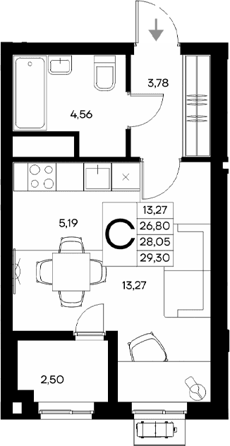 Студия, 26.8 м²