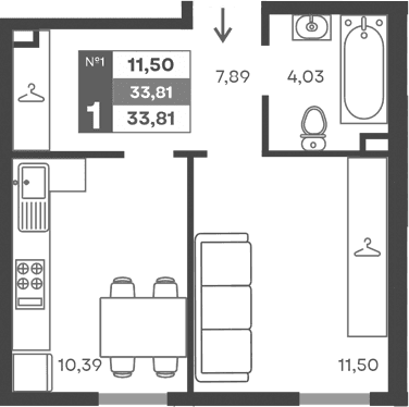 1-комн., 33.81 м²