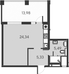 Студия, 35.16 м²