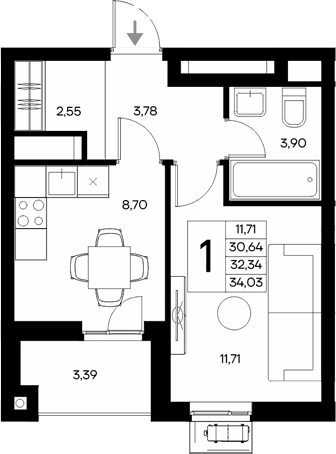 1-комн., 30.64 м²
