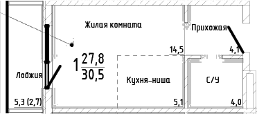 Студия, 27.8 м²