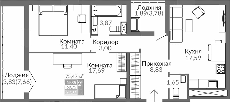 2-комн., 64.03 м²