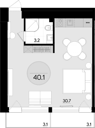 Студия, 33.9 м²