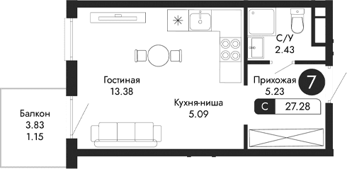 Студия, 26.13 м²