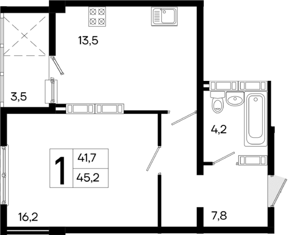1-комн., 41.7 м²