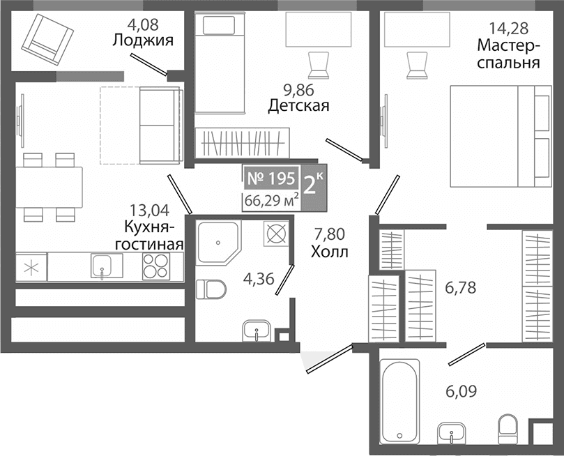 2-комн., 62.21 м²