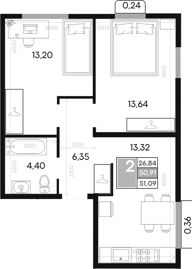 2-комн., 50.91 м²
