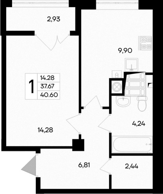 1-комн., 37.67 м²