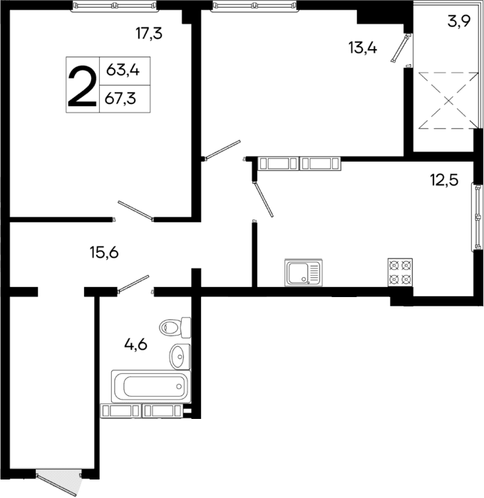 2-комн., 63.4 м²