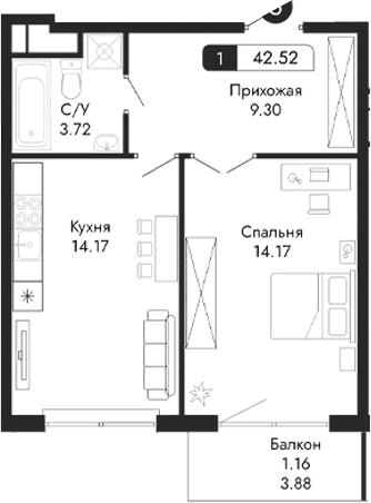 1-комн., 41.36 м²