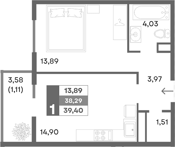 1-комн., 38.29 м²