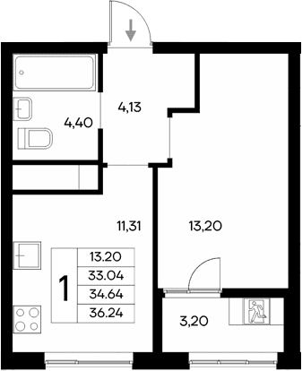 1-комн., 33.04 м²