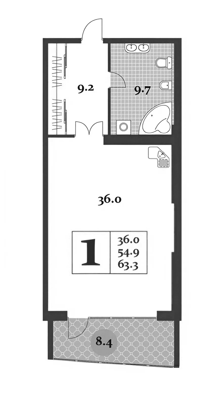 Студия, 54.9 м²