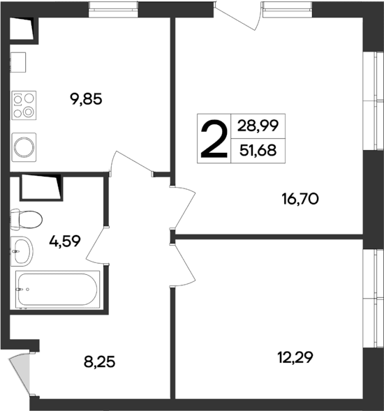 2-комн., 51.68 м²