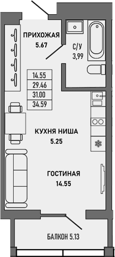 Студия, 29.46 м²