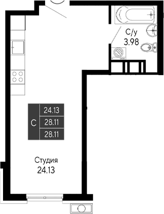 Студия, 28.11 м²