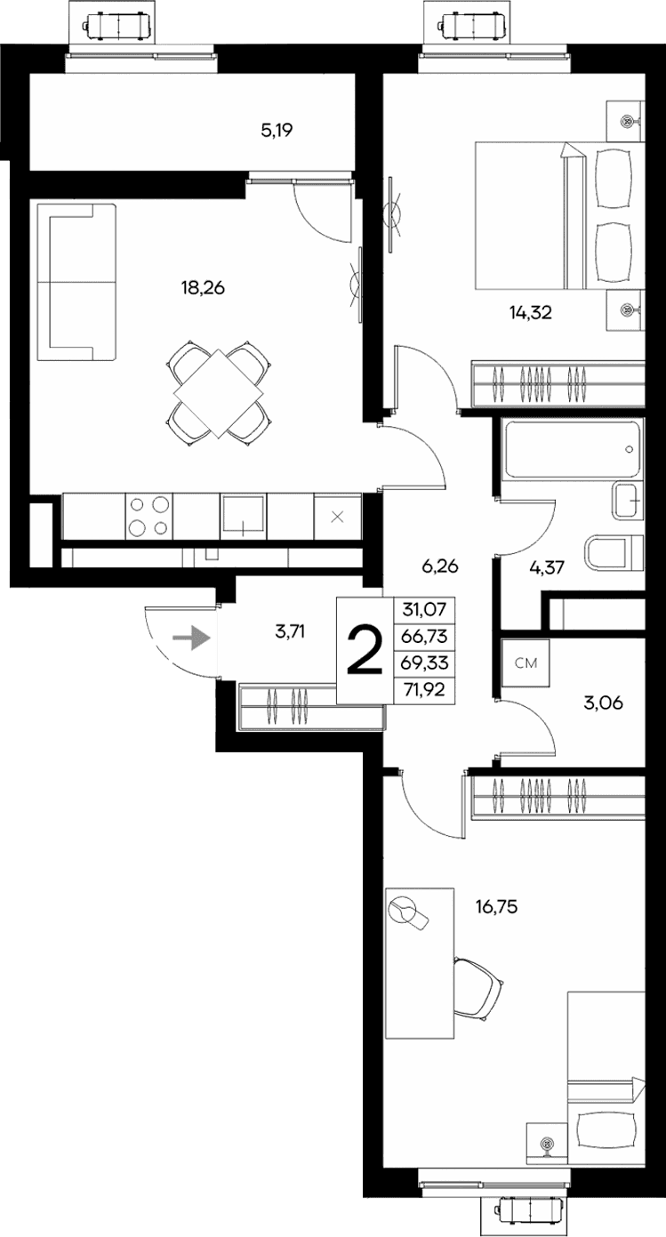 2-комн., 66.73 м²