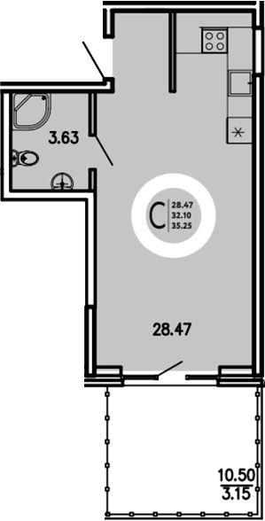 Студия, 32.1 м²