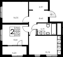 2-комн., 61.55 м²