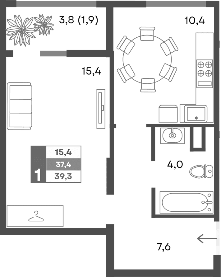 1-комн., 37.4 м²
