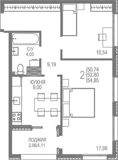 2-комн., 52.79 м²