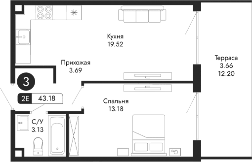 2-комн., 39.52 м²
