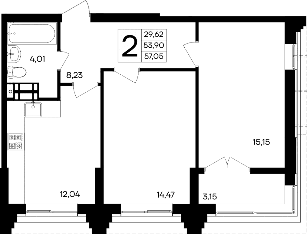 2-комн., 53.9 м²