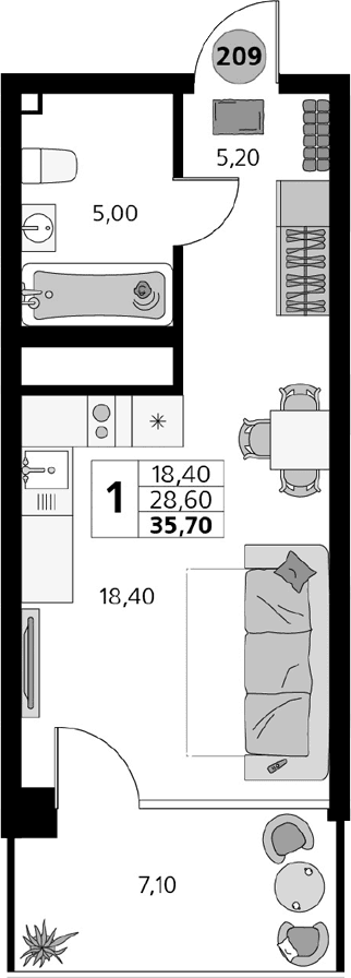 Студия, 28.6 м²