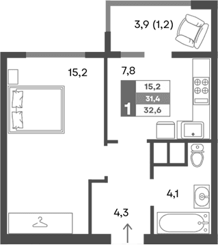 1-комн., 31.4 м²