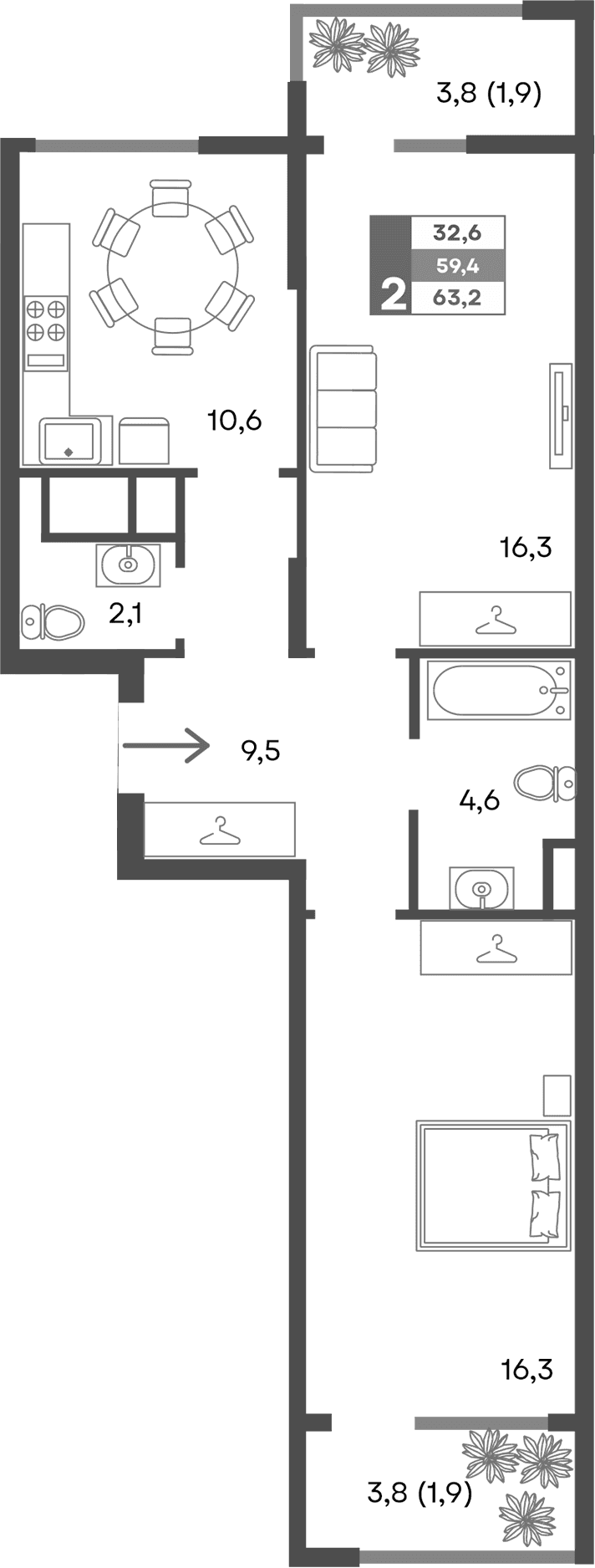 2-комн., 59.4 м²
