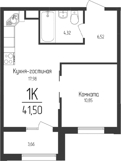 1-комн., 39.67 м²