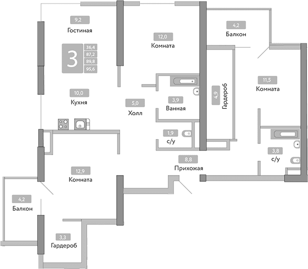 3-комн., 87.2 м²
